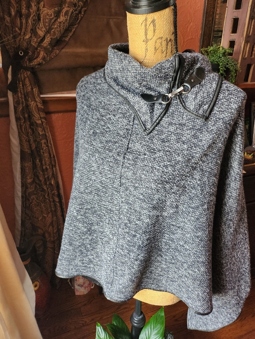 Women's Gray Knit Funnel Neck Poncho Sweater